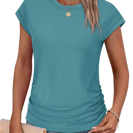 Womens Summer Tops Trendy 2026 Ruched Cap Short Sleeve Tshirts Shirts Crew Neck T Shirts Fashion