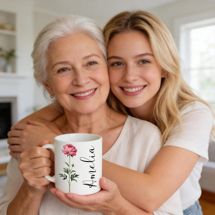 Custom Coffee Mug with Birth Flower & Name - 11oz Large Ceramic Personalized Coffee Cup for Women, Pretty Floral Tea Mugs Gift for Mom Wife Grandma Daughter Sister Coworker Best Friend Birthday