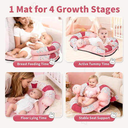 2-in-1 Tummy Time Mat & Seated Support Pillow with 5 Toys, Baby Floor Seat for Tummy Time & Early Sitting Support, Musical Stuffed Toys, Sensory Development Gifts for Newborn Babies