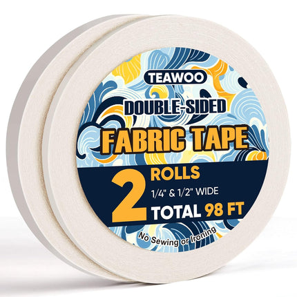 TEAWOO 2 Rolls Double Sided Fabric Tape, 98 FT Hem Tape No Sewing No Iron, Quick Clothing Repairs, Clothing Tape for Fabric Bonding & DIY Crafts
