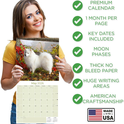 American Eskimo Calendar 2026 – 16-Month Dog Breed Wall Calendar by MegaCalendars – Large Daily Blocks, Thick No-Bleed Paper, Made in USA