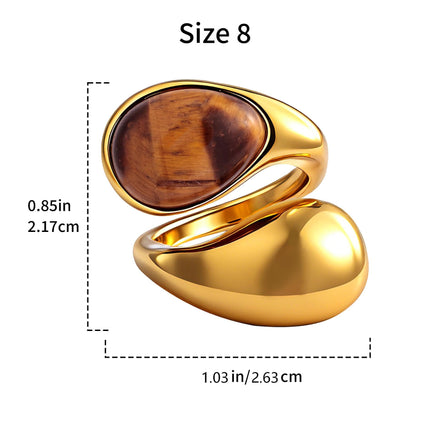 14K Gold Plated Tiger Eye Stone Chunky Open Ring Boho Vintage Rings for Women Brown Jewelry and Pearl