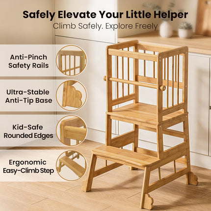 HBTower Kids Kitchen Step Stool with Safety Rails & Anti-Slip Feet,Toddler Standing Tower for Kitchen Counter Learning - Hold Up to 450lbs,Anti-Slip Feet Toddlers Learning Tower,Natural Bamboo