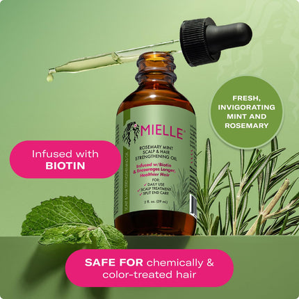 Mielle Organics Rosemary & Mint Hair Oil - Strengthening Biotin Oil Infused Frizzy & Damaged Hair Care - Split Ends & Dry Scalp Treatment to Support Longer, Healthier Strands, 2 Ounce