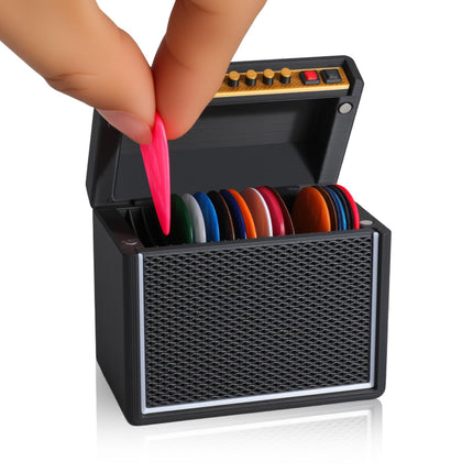 Guitar Picks Holder Box, Amp Speaker Styled Pick Holder with 5 Celluloid Guitar Picks, Guitar Pick Display Holder Storage Box Set for Guitar Players and Music Lovers