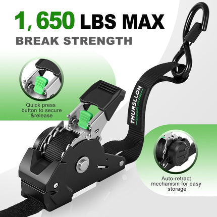 Retractable Ratchet Straps (4-Pack) - 1 Inch x 10 Feet (1,650lb Break Strength) - Auto Self Retracting Tie Down Straps for Truck, Cargo Trailer, Motorcycle, ATV, UTV - Black