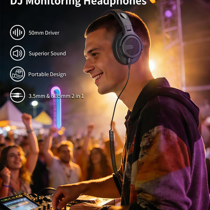 Wired Over Ear Headphones, DJ & Studio Monitor Headphones with 50mm Driver, Stereo Headsets with 1/4 and 3.5mm Jack for Recording Mixing Podcast Keyboard Guitar Laptop - Black