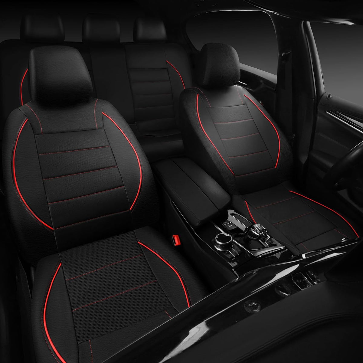 Universal Fit Waterproof Faux Leather Two Front Seat Covers, Black Red - photo 4