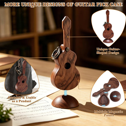 Wood Guitar Pick Holder with 1 Wood Pick and 6 Celluloid Picks