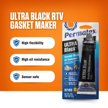 Ultra Black Maximum Oil Resistance RTV Silicone Gasket Maker, Sensor Safe and Non-Corrosive, for High Flex and Oil Resistant Applications 3 oz