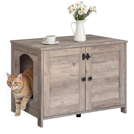 Litter Box Enclosure, Cat Litter Box Furniture with Removable Divider, Large Hidden Litter Box Furniture, Wooden Cat House, End Side Table, 31" L x 17.5" W x 19.7" H, Greige BG03MW01G2