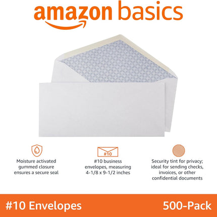 Amazon Basics #10 Security Tinted Business Envelopes for Documents and Invoices, Quality Seal, 4-1/8" x 9-1/2", White, Pack of 500