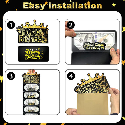 Happy Birthday Money Envelope for Cash,Birthday Card Money Holder with 6 Slots,Surprise Gift for Men Women Girls Boys,Money Gift Idea.(Black Gold)