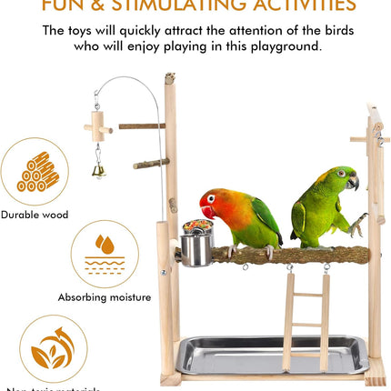 Natural Wood Parrot Playground Perch Stand with Feeder Cups, Tray, Ladder, Swing & Bells, Play Gym for Top of Cage, Cage Accessories for Lovebirds, Cockatiels, Parakeets