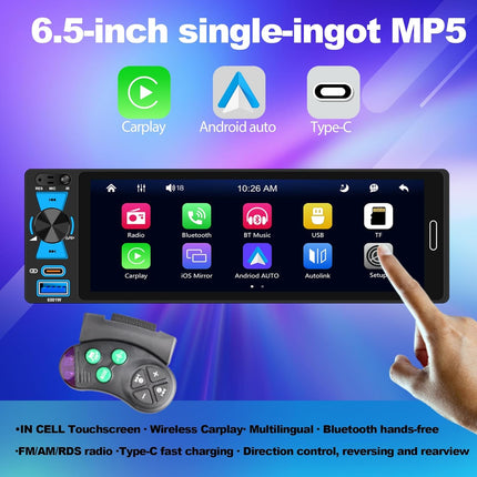 6.5" Single Din Car Stereo Wireless Apple CarPlay Android Auto, Car Radio Bluetooth 5.2, FM/AM/RDS, IPS HD Touchscreen, Type-C Fast Charging