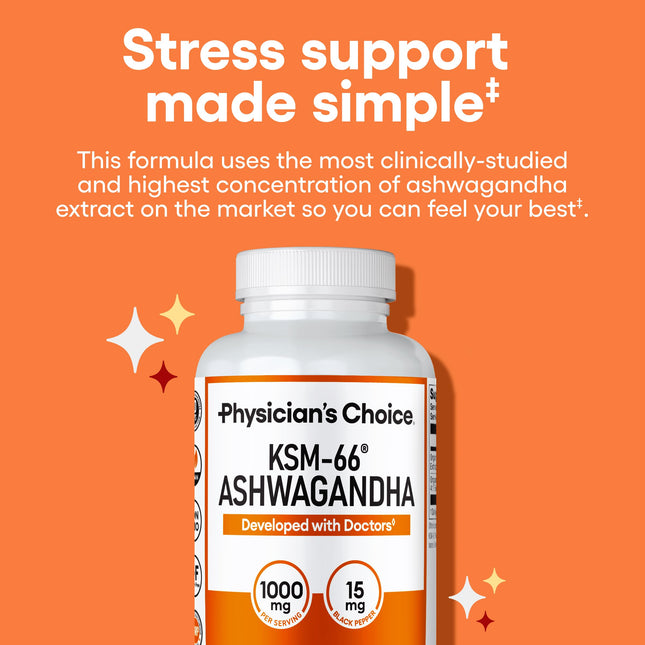 Physician's CHOICE Ashwagandha 1000mg capsules for stress relief and mood support