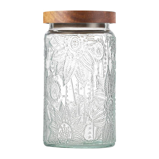 Frasco de vidrio vintage de 34 OZ con tapa, recipientes herméticos para alimentos con bambú para cocina y despensa, ideales para café, dulces, té, avena, azúcar, galletas, frascos decorativos - girasol