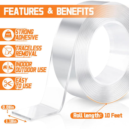 Double Sided Tape Heavy Duty, 1.18" x 120" Clear Double Sided Mounting Tape, Removable and No Residue for Indoor and Outdoor Use, Picture Frames and Home Decor, 10 Feet