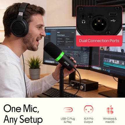 Pyle Dynamic Microphone, Dual Input USB/XLR Podcast Recording, PC Streaming Studio Mic with RGB Light, Mute Button, Desktop Stand, Headphone Jack, & Volume Control - Gaming & Voice-Over (PDMIC7B)