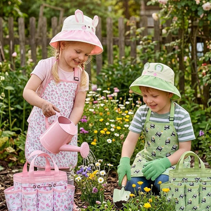 Kids Gardening Tool Set Toys - 8 Pieces Quality Garden Kit for Toddlers & Kids with Shovels, Rake, Watering Can, Hat, Apron, Gloves & Storage Bag (Pink Flower)