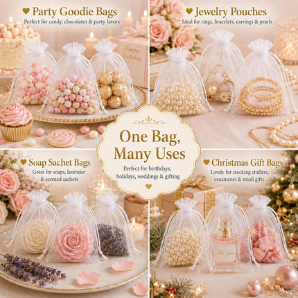 100pcs Organza Bags 5''x7'' - White Mesh Drawstring Gift Bags