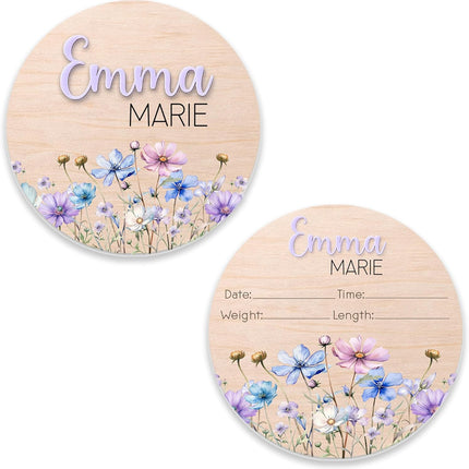 Personalized Wooden Birth Announcement Sign with Raised Acrylic Name – Custom Baby Name Plaque with Wildflowers – Newborn Hospital Photo Prop – 5" to 8" Round Sizes | BS102