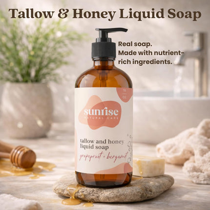 Tallow & Honey Liquid Soap – Grapefruit + Bergamot – Natural Face, Body & Hand Wash – Grass-Fed Beef Tallow Cleanser – Gentle Moisturizing Soap – 16 oz