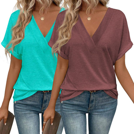 2PCS T Shirts Short Sleeve V Neck Tees Womens Tops Fashion Beach Vacation Clothes 2026 Casual Summer Spring Outfits