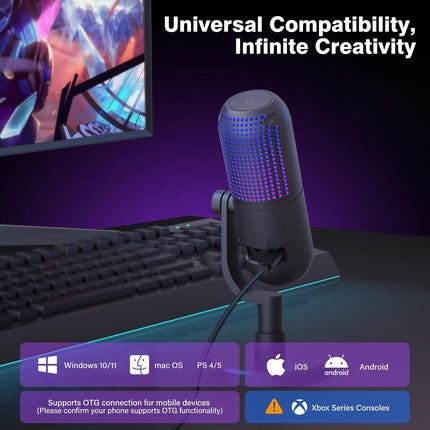 USB Condenser Microphone for PC Gaming,Streaming&Podcast,Plug & Play RGB Desktop Mic with One-Touch Mute,Cardioid Noise-Canceling Computer Mic for Twitch,YouTube,Recording on PC & Laptop(Black)