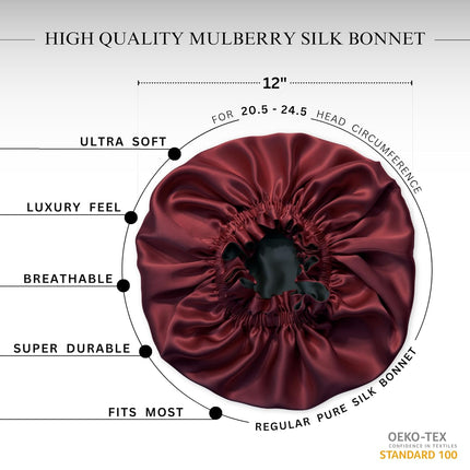 Nochka Fashion 100% Pure Silk Bonnet for Sleeping Women - Reversible Mulberry Silk Hair Wrap - Satin Sleep Bonnet for Black Women - Head Wrap for Sleeping - Made in USA (Burgundy and Black)
