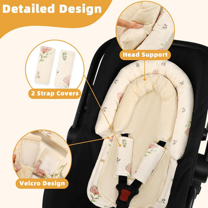 SWESEN Infant Car Seat Insert & Strap Covers, Car Seat Head Support for Baby Girls Boys, 2 in 1 Soft Plush Car Seat Insert for Newborns, for Infants Aged 0-12 (Simple Floral)