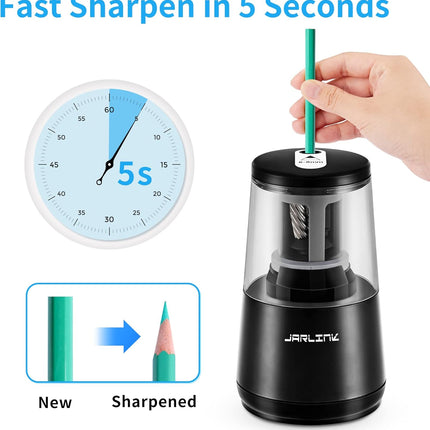 JARLINK Electric Pencil Sharpener, Heavy-Duty Helical Blade to Fast Sharpen, Auto Stop for No.2/Colored Pencils(6-8mm), AC Adapter/Battery Operated in School Classroom/Office/Home (Black)