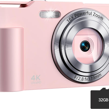 Digital Camera, FHD 4K Digital Point and Shoot Camera with 16X Zoom Anti Shake, 48MP Compact Small Camera with 32GB Card for Boys Girls Kids Shell Pink