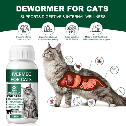 Cat Dewormer Liquid,Dewormer for Cats Broad Spectrum for Tapeworms, Roundworms & Hookworms, Promotes Digestive Comfort & Daily Balance