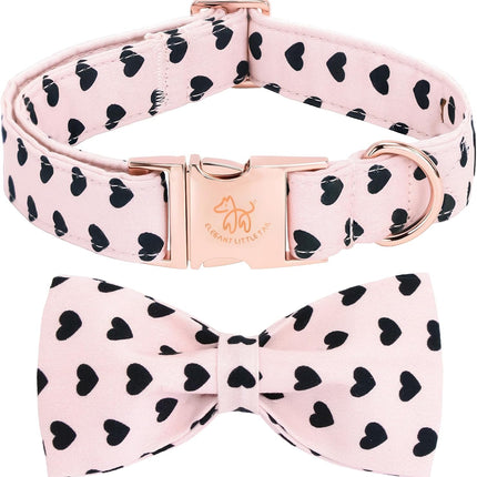 Elegant little tail Valentine's Dog Collar - Pink Black Heart Dog Collars Bowtie Pet Collars with Sturdy Metal Buckle Puppy Adjustable Collar for Medium Dogs