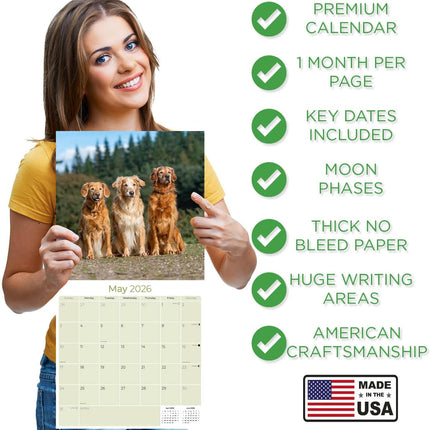 Golden Retriever Calendar 2026 – 16-Month Dog Breed Wall Calendar by MegaCalendars – Large Daily Blocks, Thick No-Bleed Paper, Made in USA
