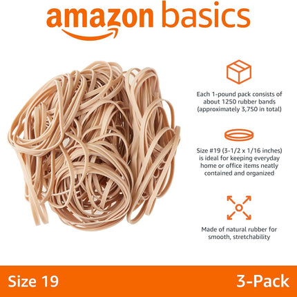 Amazon Basics Rubber Bands, Office Supplies, Size 19 (3-1/2 x 1/16 Inch), Stretchy, 1250 Bands/1 lb. Pack, 3-Pack, Tan