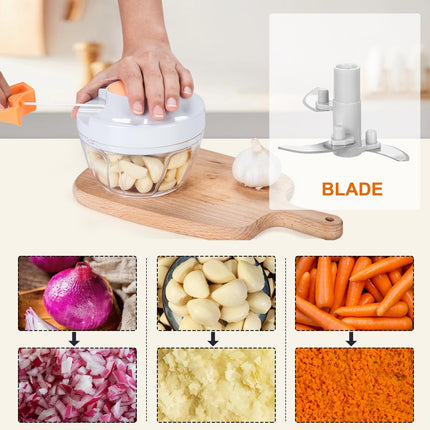 Manual Food Processor & Vegetable Chopper, Hand Pull String Garlic Mincer Onion Chopper Dicer for Salsa Pesto Guacamole, 3 Stainless Steel Blades, 500ml White