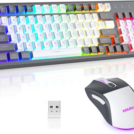 CK98 Wireless Gaming Keyboard and Mouse Combo,Rechargeable RGB Grey Gaming Keyboard RGB Backlit 98 Keys Mechanical Feeling Dual Color Keyboard and Gaming Mouse 3200DPI for PC Mac Gamers(GreyWhite)