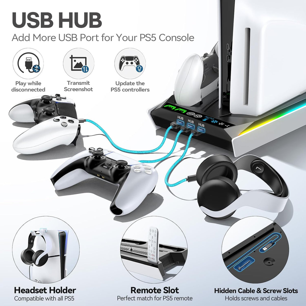 PS5/Slim/Pro Stand for Disc & Digital Console, PS5 Cooling & Charging Station with RGB Lights, PS5 - photo 5