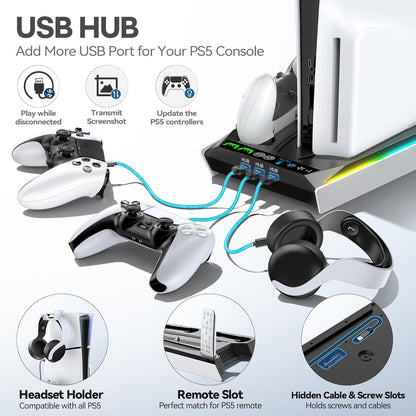 PS5/Slim/Pro Stand for Disc & Digital Console, PS5 Cooling & Charging Station with RGB Lights, PS5 - photo 5