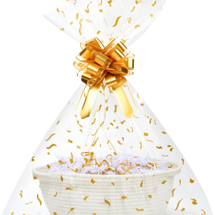SUNCOLOR Small Woven Gift Basket Set with Cut Paper Shred Filler, Pull Bow & Cellophane Bag, 12x8x5 Inch Durable Cotton Rope Storage Basket for Easter, Baby Shower, Birthday, Holidays
