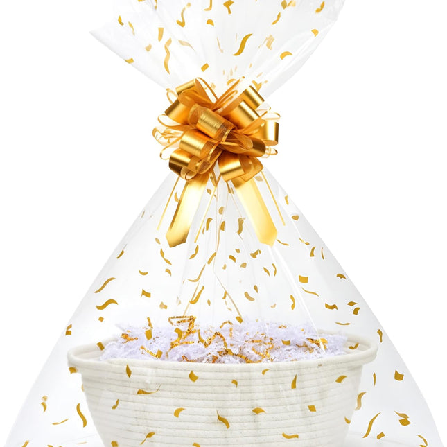 Small Woven Gift Basket Set with Cut Paper Shred Filler, Pull Bow & Cellophane Bag, 12x8x5 Inch Durable Cotton Rope