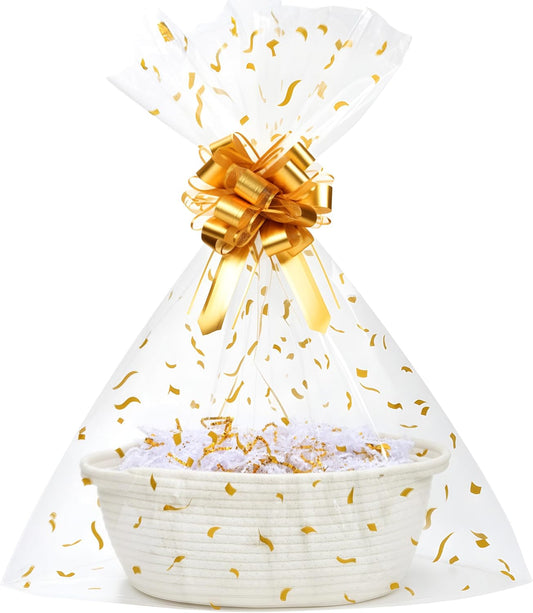 Small Woven Gift Basket Set with Cut Paper Shred Filler, Pull Bow & Cellophane Bag, 12x8x5 Inch Durable Cotton Rope