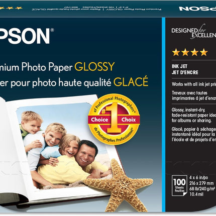 Epson S041727 Premium Photo Paper, 68 lbs., High-Gloss, 4 x 6 (Pack of 100 Sheets),White
