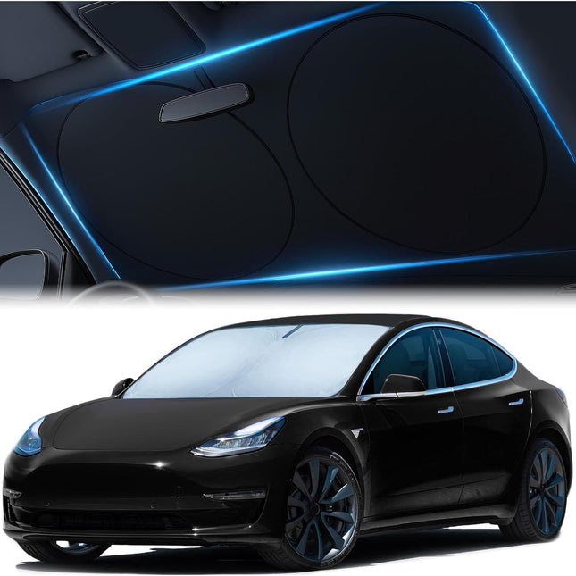 Tesla Windshield Sun Shade (Model 3/Y), Reflective Polyester Blocks Heat & Sun, Foldable Car Window Sun Blocker, Mirror