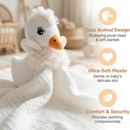 Baby Security Blanket Lovey with Plush Swan, White Muslin Cotton Comfort Blanket, Newborn to 36 Months, Soft Cuddle Toy
