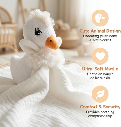 Baby Security Blanket Lovey with Plush Swan, White Muslin Cotton Comfort Blanket, Newborn to 36 Months, Soft Cuddle Toy