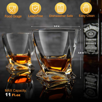 Old Fashioned Whiskey Glasses Set of 4 (2 Crystal Bourbon Glasses, 2 Round Big Ice Ball Molds 11 Oz Rocks Glass with Gift Box, Barware for Scotch Cocktail Rum Vodka Liquor, Gifts for Men