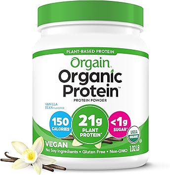 Orgain Organic Vegan Vanilla Protein Powder with 21g plant protein per serving